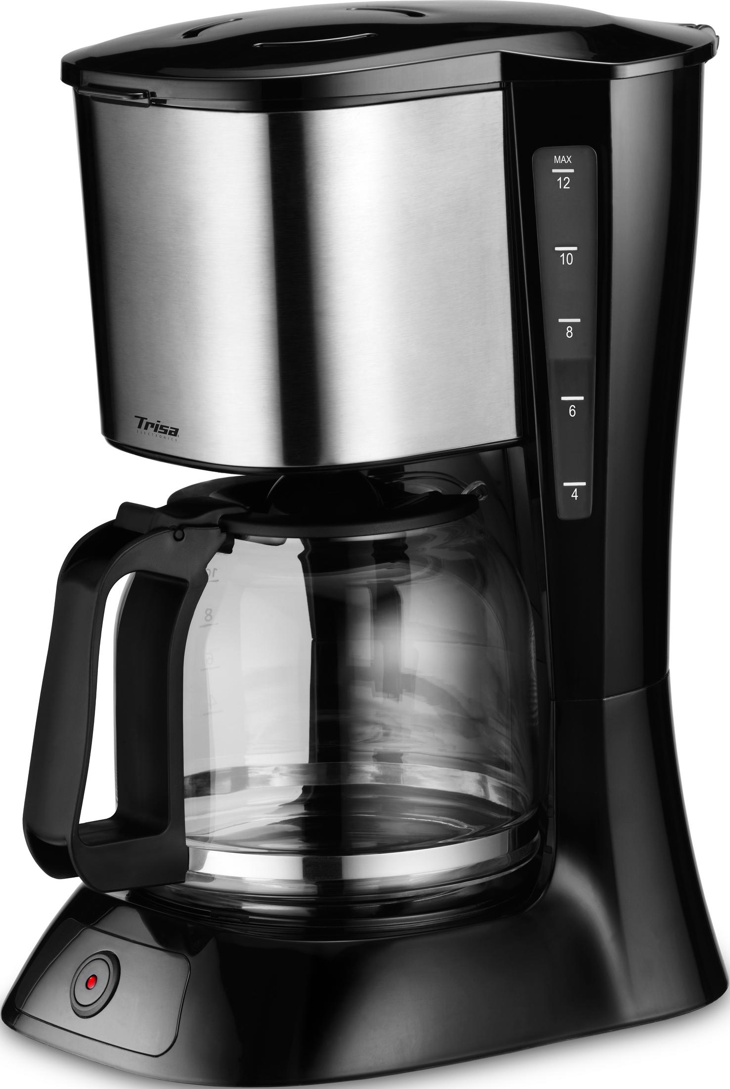 Schwarze Kaffeemaschine mit Glaskanne und Edelstahl-Wassertank.