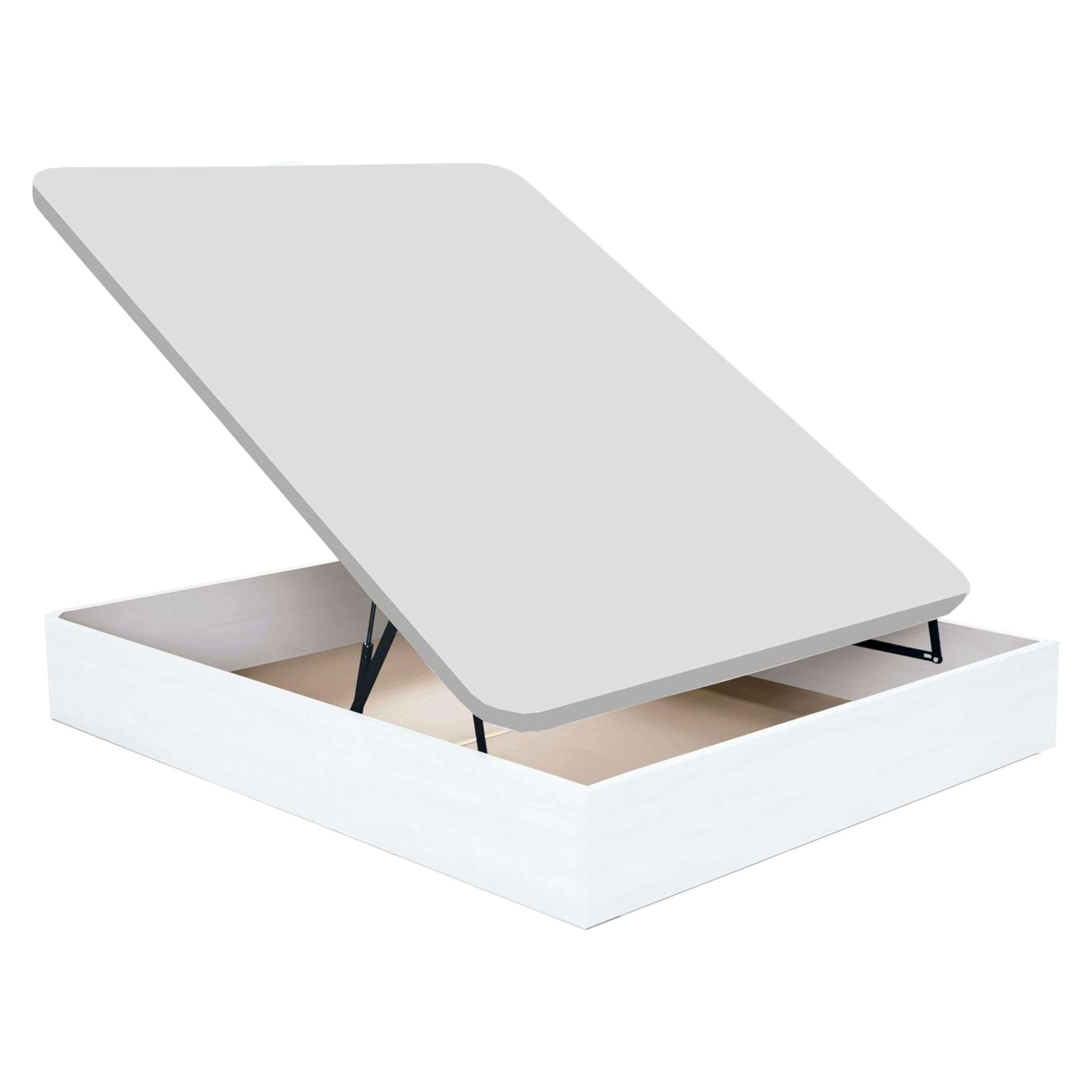 Una base de cama de almacenamiento blanca con la tapa levantada y bisagras negras.