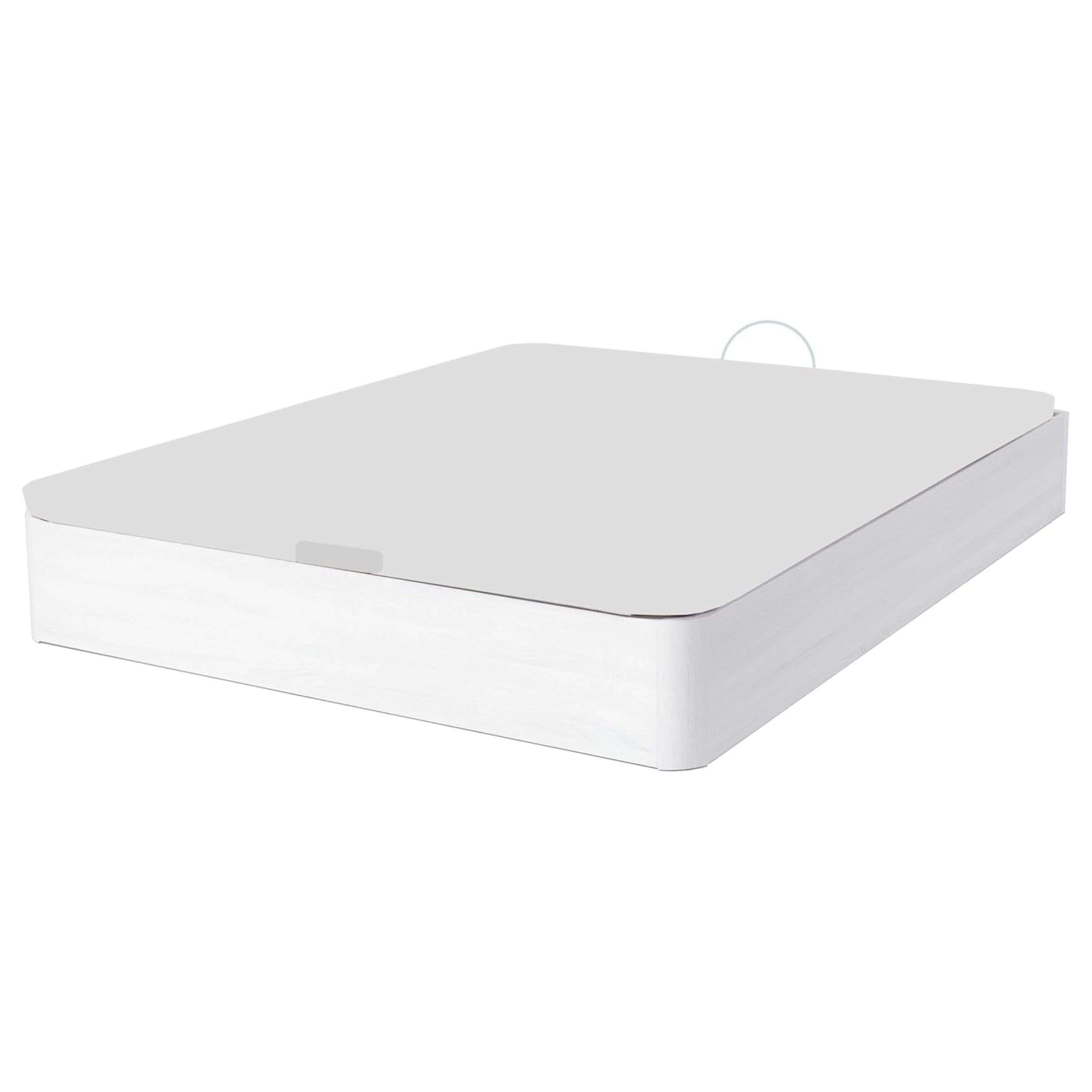 Una base de cama gris con marco de madera blanco y esquina redondeada.