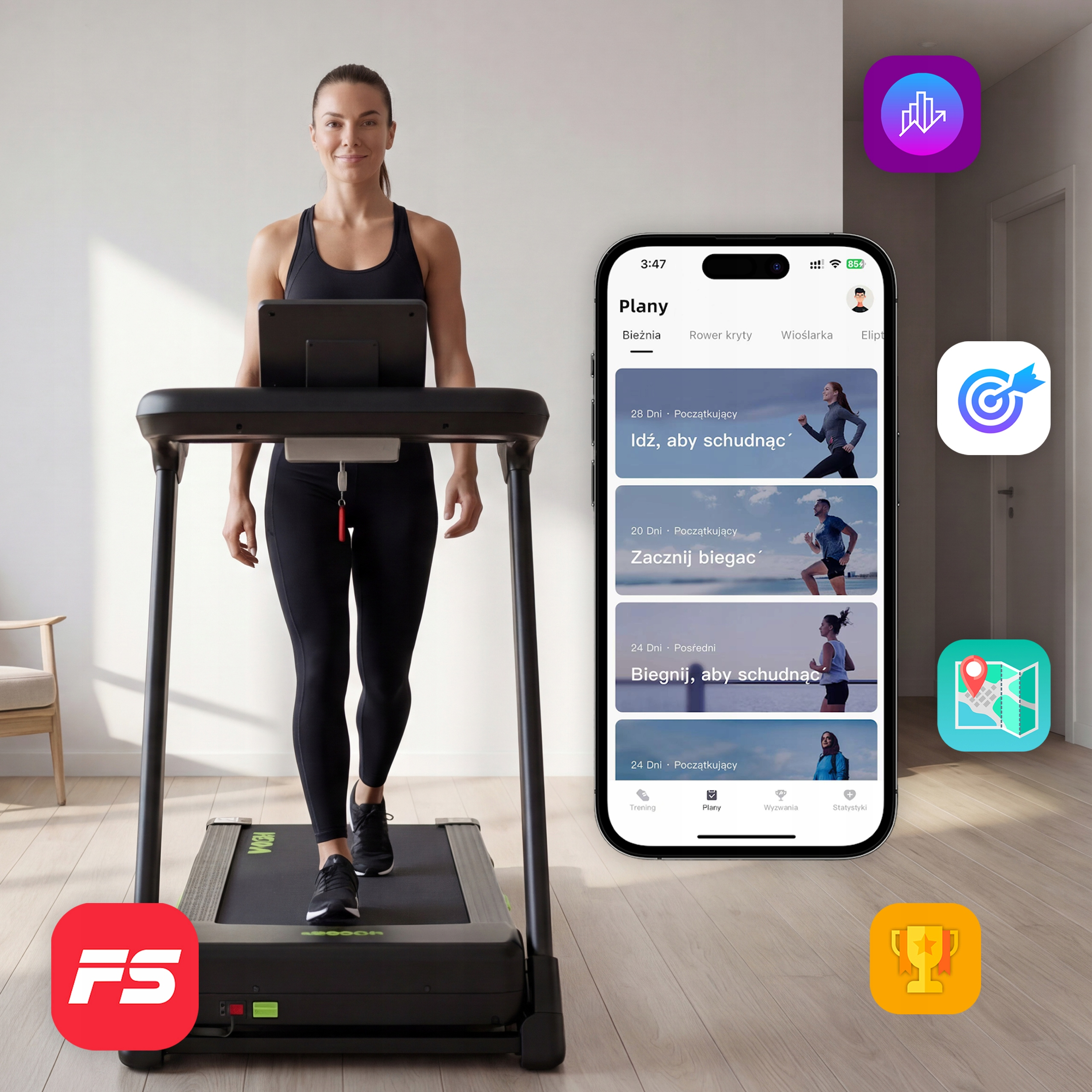 Kobieta na bieżni obok smartfona wyświetlającego plany treningowe.