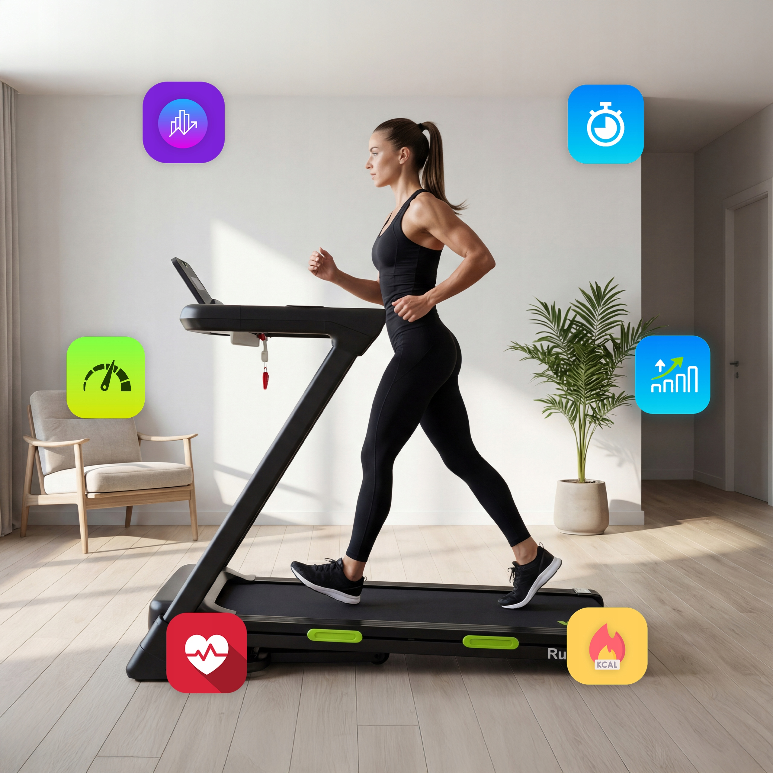 Kobieta biegnie na bieżni z ikonami tętna, kalorii, czasu, prędkości.