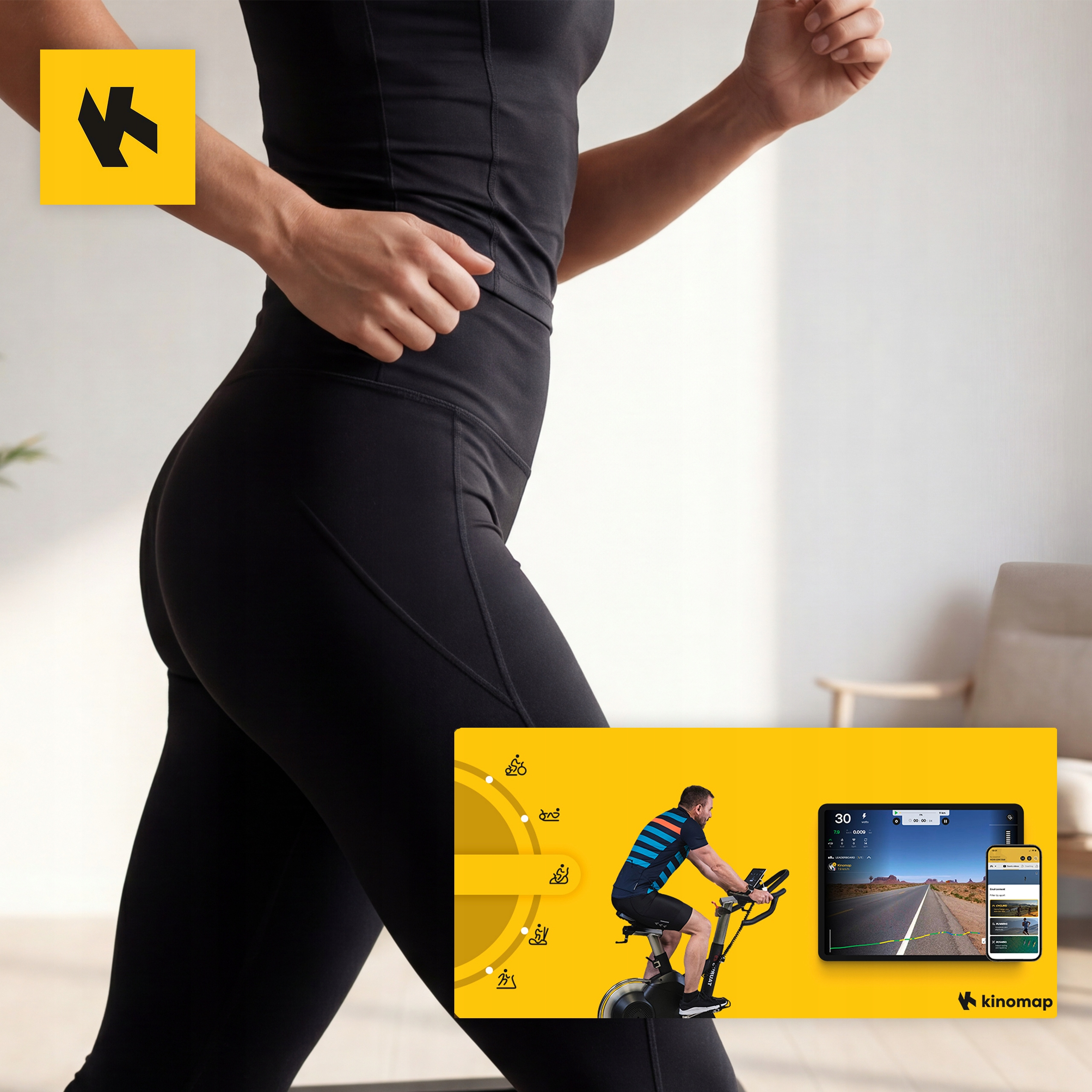 Kobieta w czerni ćwiczy na rowerze stacjonarnym, obok wyświetlacz aplikacji.