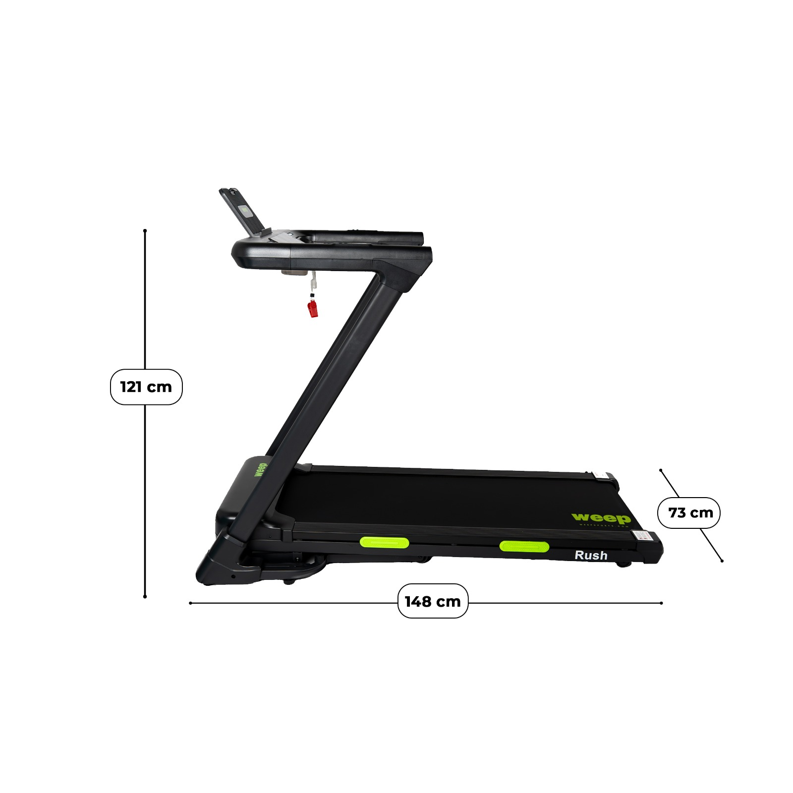 Czarna bieżnia z zielonymi akcentami, wymiary 148x73x121 cm.