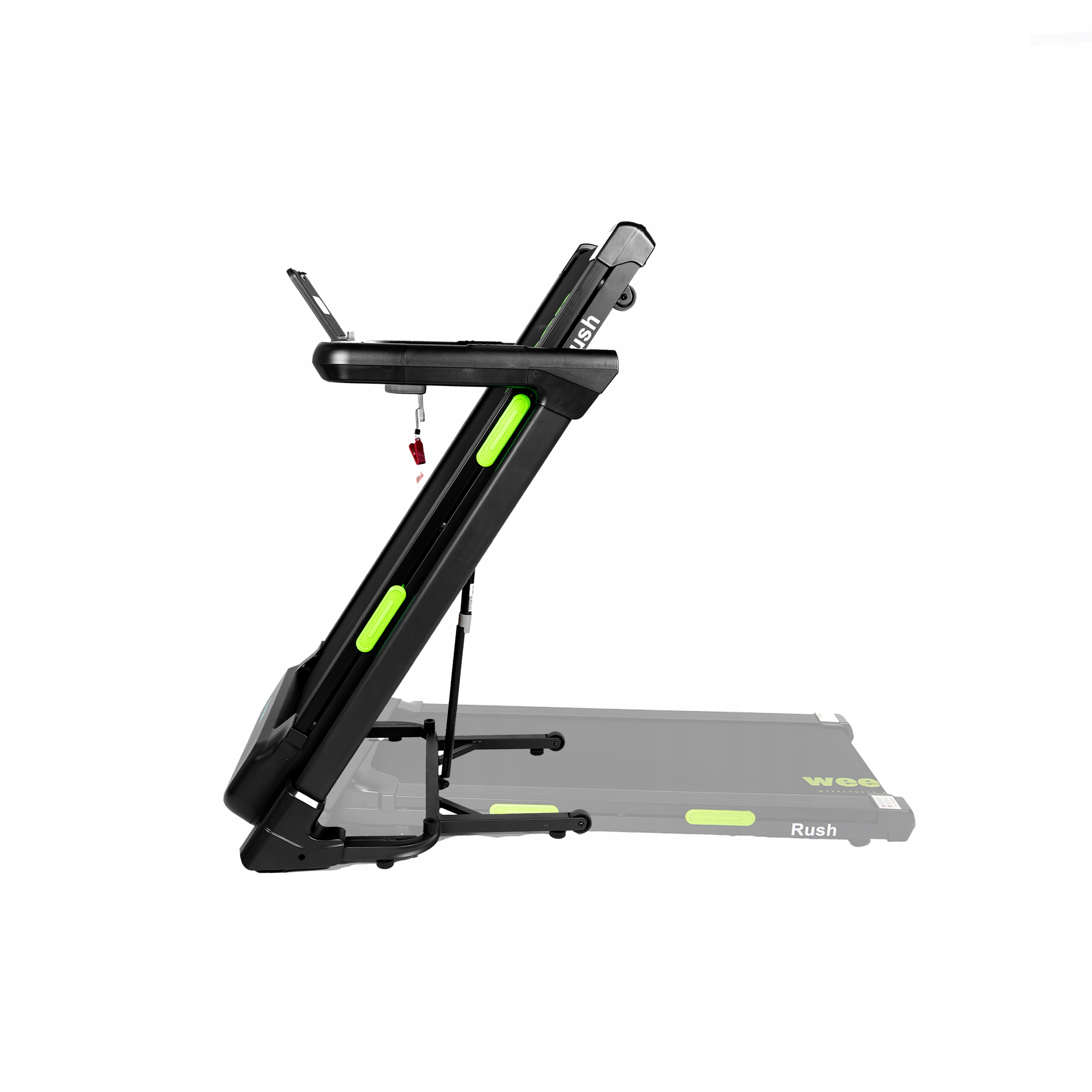 Czarny profil boczny bieżni z zielonymi akcentami i wyświetlaczem.