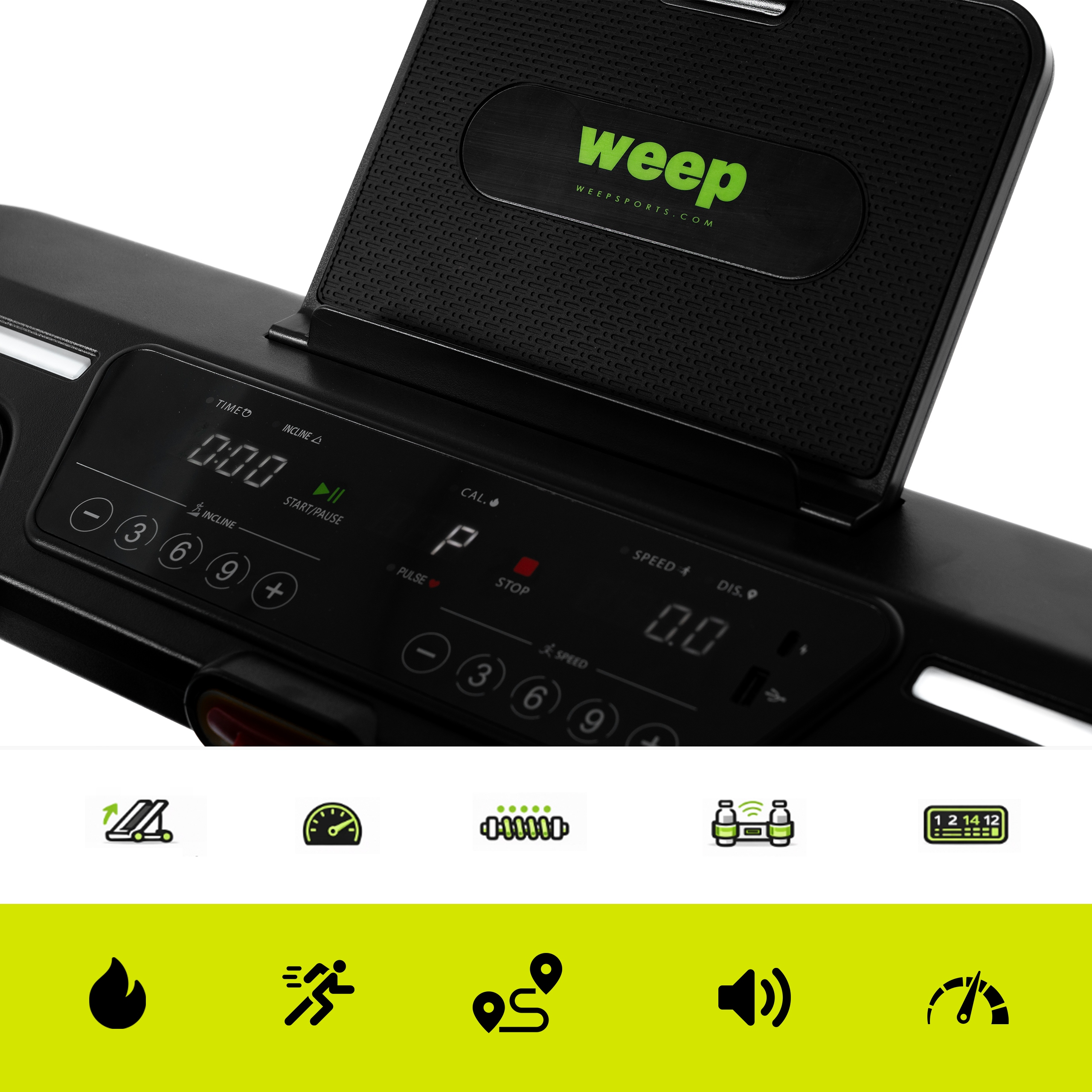 Zbliżenie konsoli bieżni z wyświetlaczem i przyciskami. Ikony.