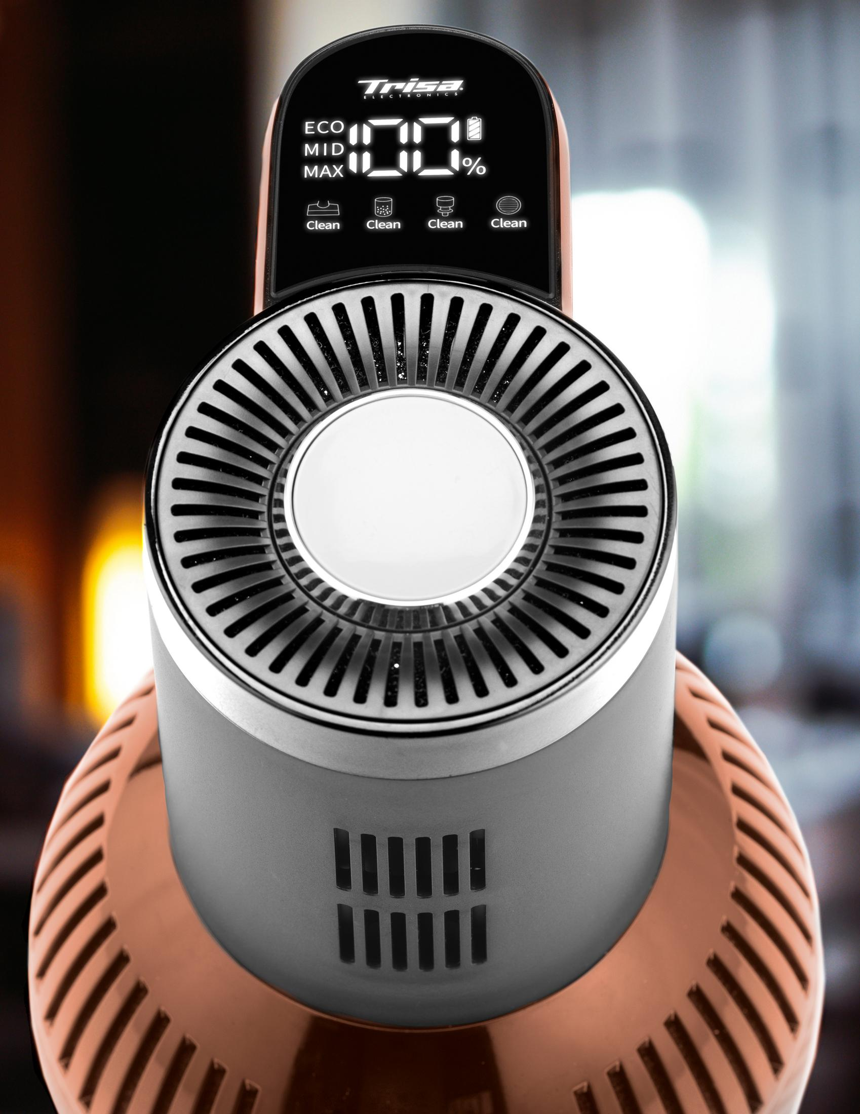 Nahaufnahme eines Staubsaugergriffs mit digitalem Display, das 100 % anzeigt.