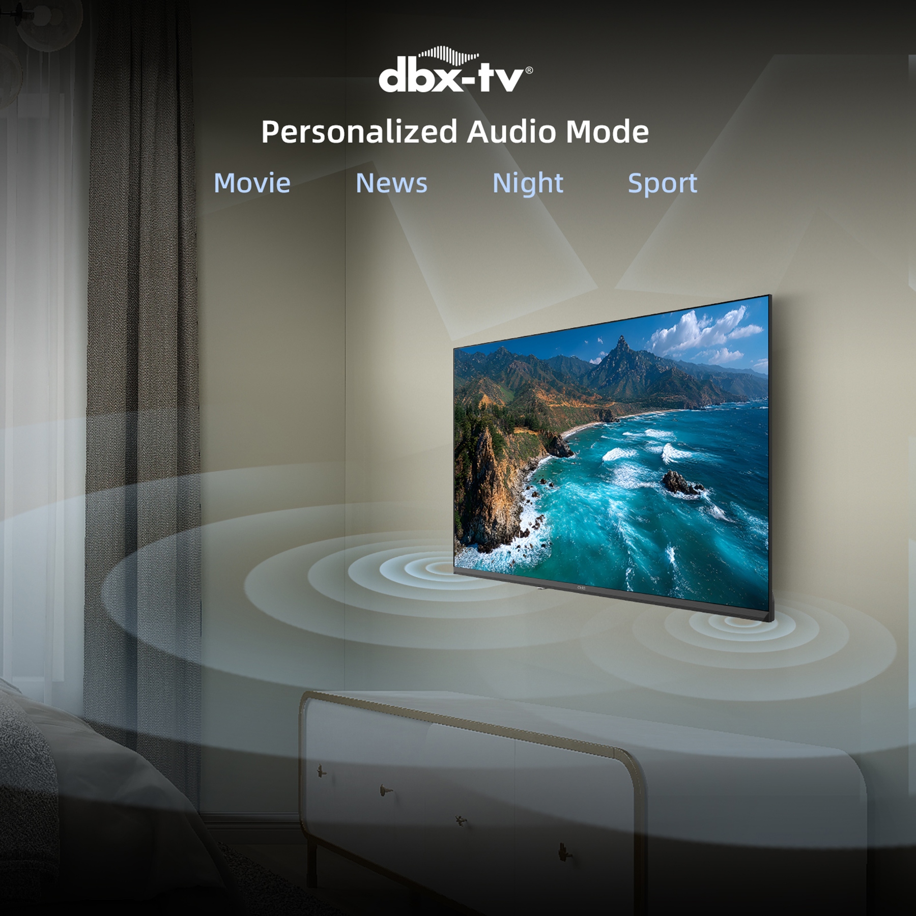 dbx-tv Spersonalizowany tryb audio: Film, Wiadomości, Noc, Sport. Telewizor pokazuje ocean.