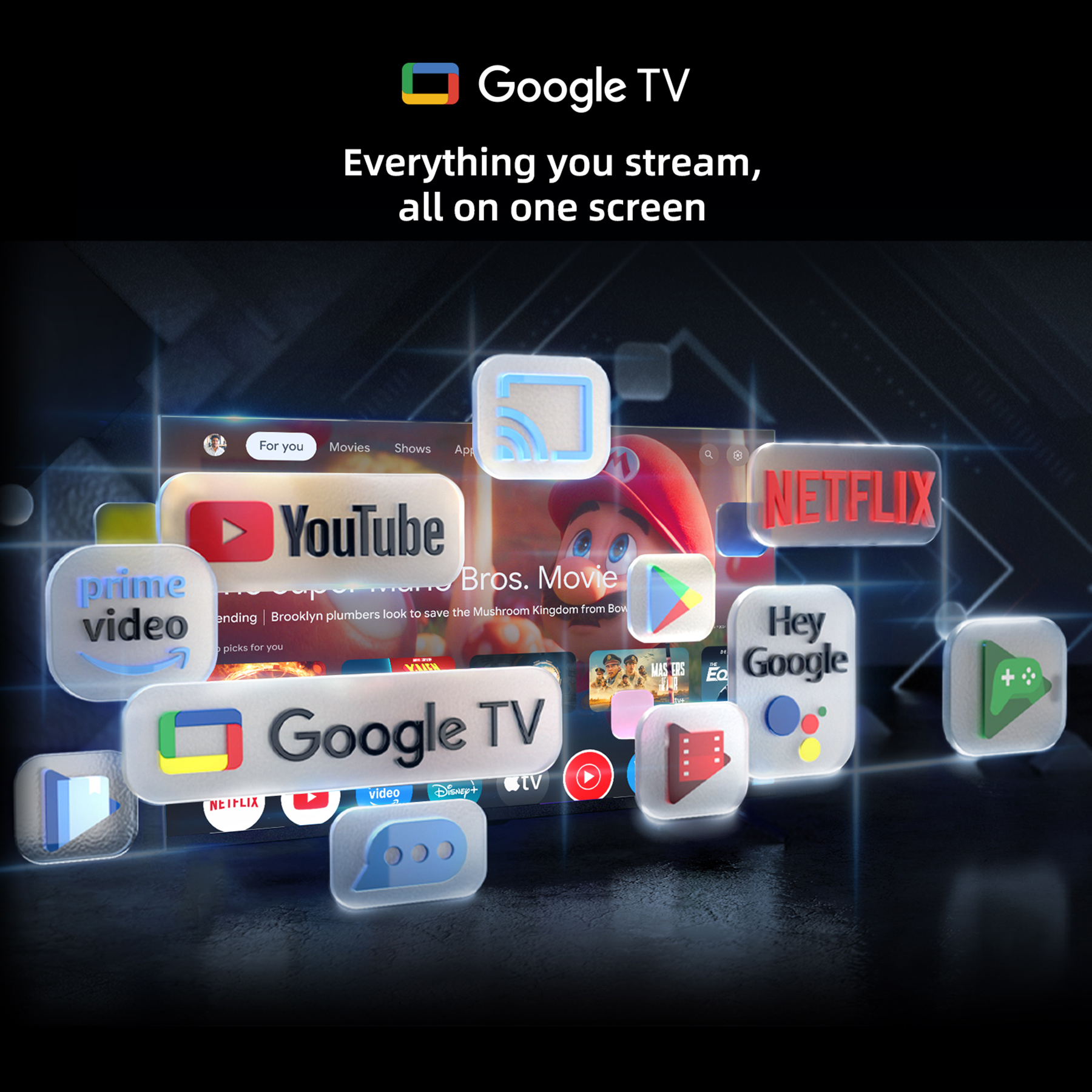 Interfejs Google TV z logo aplikacji streamingowych: YouTube, Netflix, Prime Video, Google Play.
