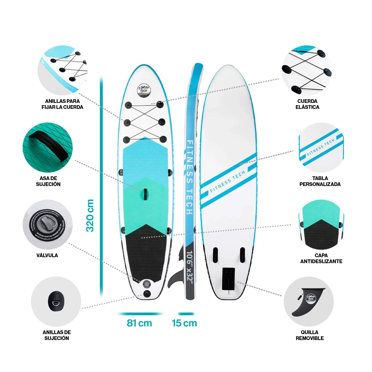 Tabla de paddle surf hinchable con asa, válvula, cuerda y quilla desmontable.