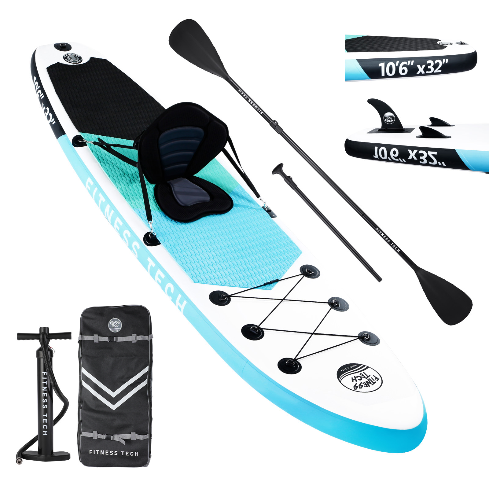 Un set inflable de tabla de paddle surf con remos, asiento y bomba.