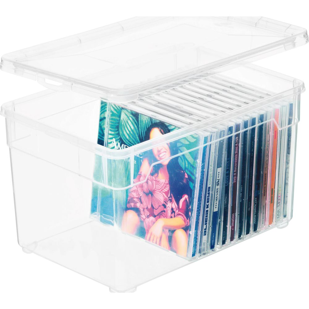 Przezroczyste plastikowe pudełko do przechowywania płyt CD z wieloma płytami, z kobietą na okładce płyty.