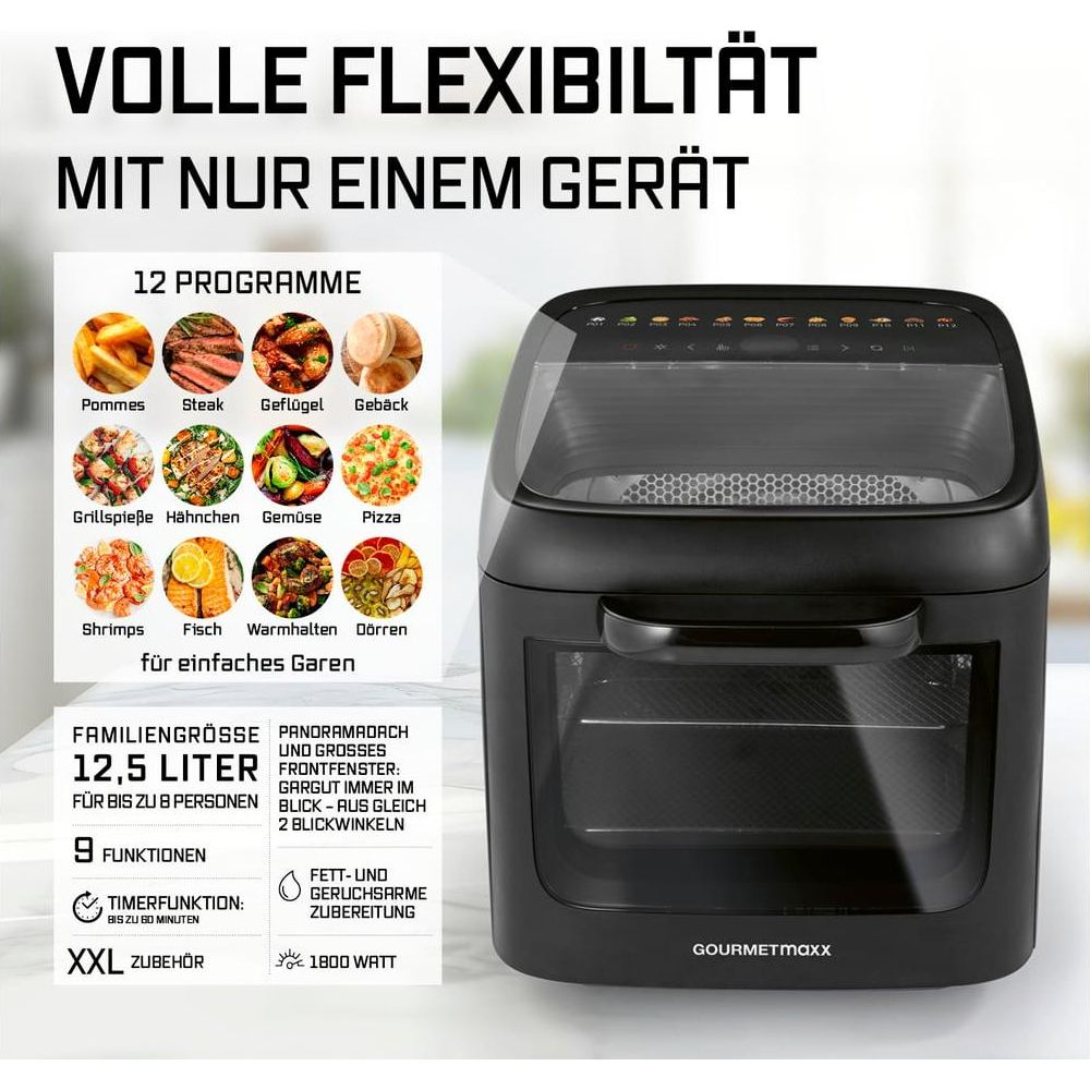 Ein schwarzer Heißluftfritteusen-Ofen mit einem Touchscreen-Bedienfeld und 12 Kochprogrammen.