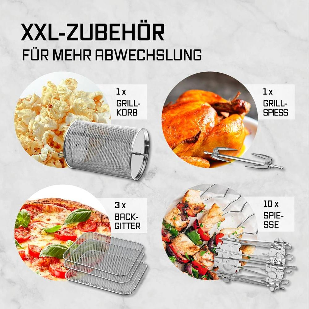 XXL-Zubehör: Grillkorb, Brathähnchen, Backgitter, Spieße.