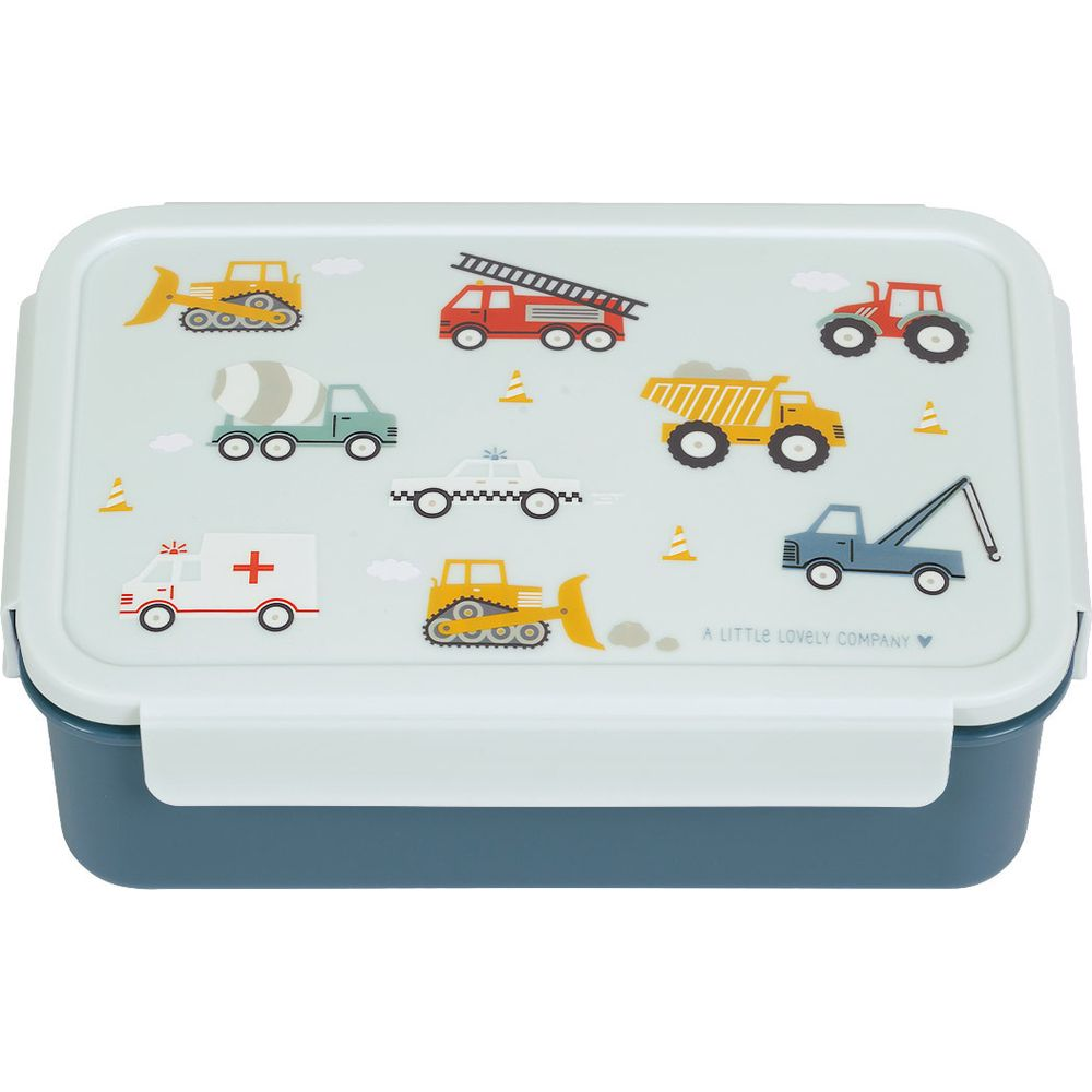 Coperchio blu chiaro per lunch box con veicoli: bulldozer, betoniera, ambulanza, auto della polizia, camion ribaltabile, camion gru, camion dei pompieri.
