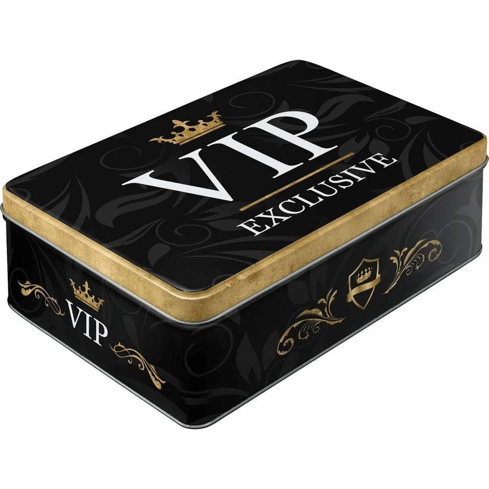 Una scatola rettangolare nera con bordo dorato e testo "VIP EXCLUSIVE".