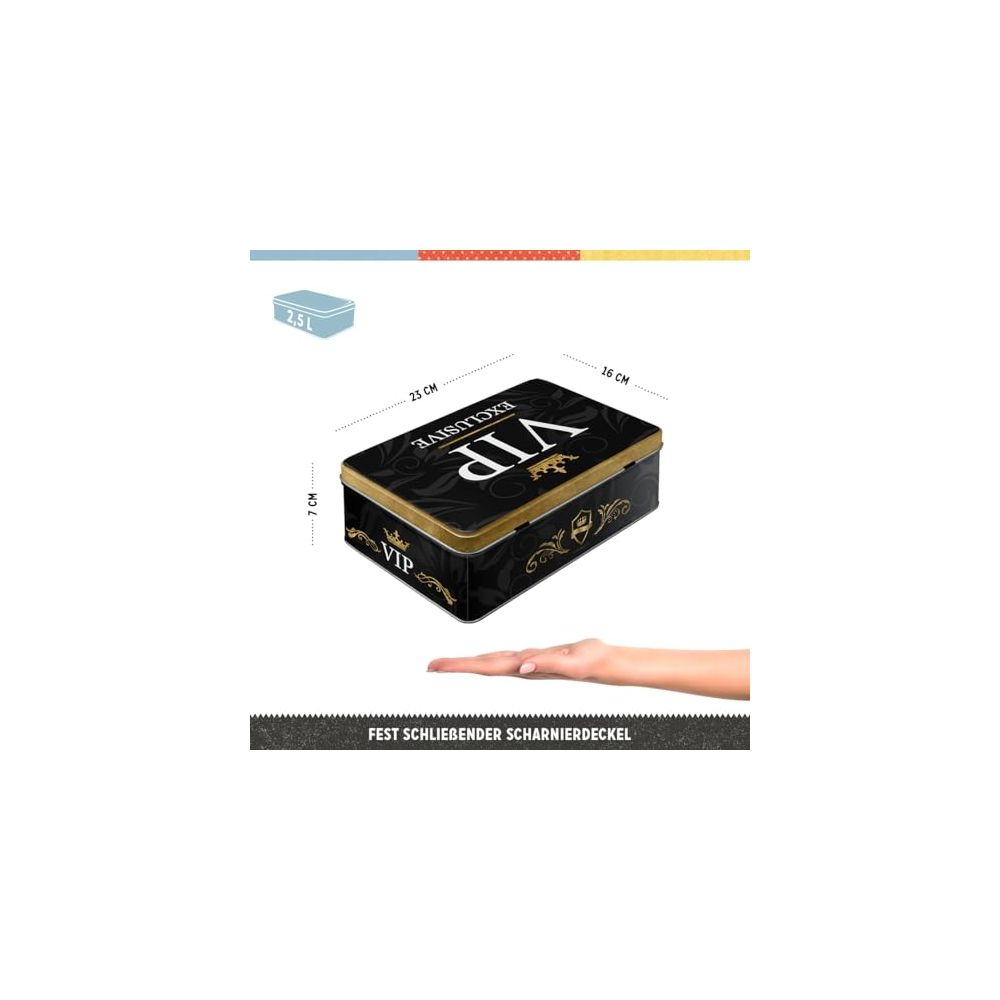 Scatola VIP nera con stampa dorata, dimensioni 25x16x7cm. Piccola scatola blu accanto.