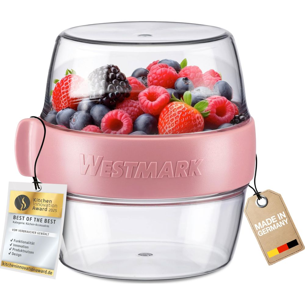 Ein rosa Westmark Behälter gefüllt mit Beeren, mit Auszeichnungen.