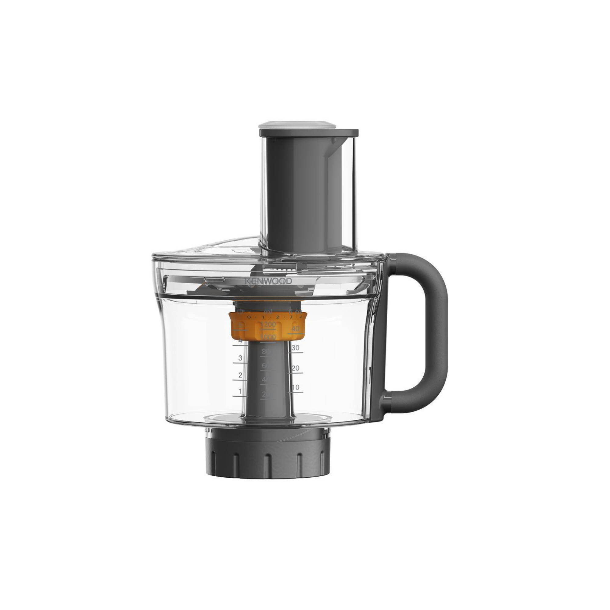 Accessorio robot da cucina Kenwood grigio con ciotola trasparente e manico.
