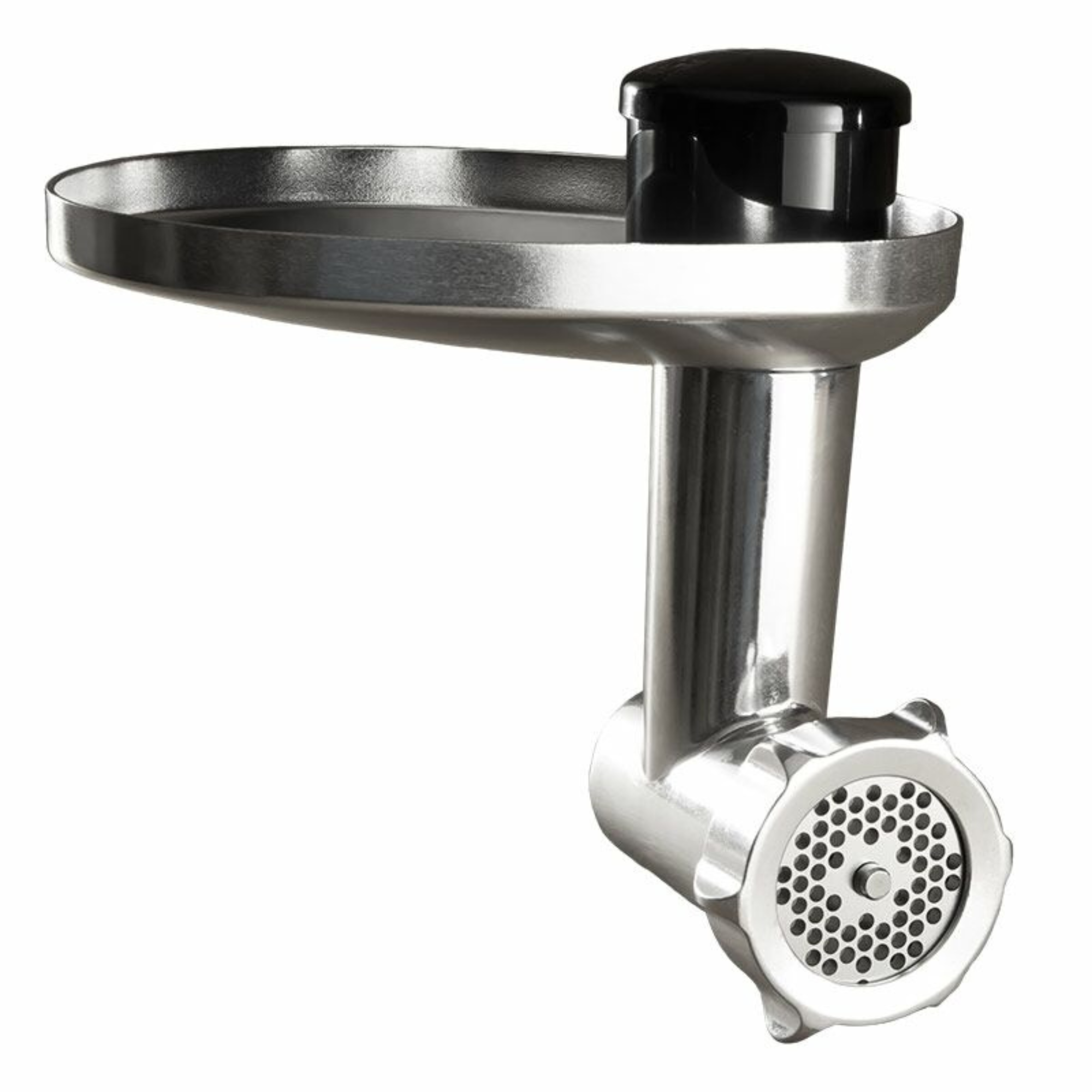 Un accessorio in metallo per tritacarne con pomello nero.