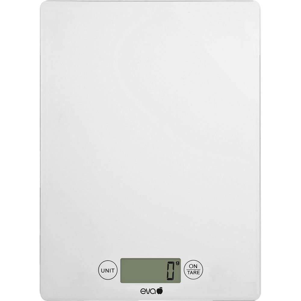 Bilancia da cucina bianca con display digitale che mostra 0g.