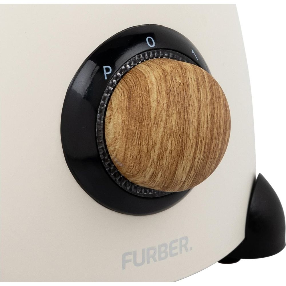 Primo piano di un apparecchio color crema con quadrante effetto legno e logo 'FURBER'.