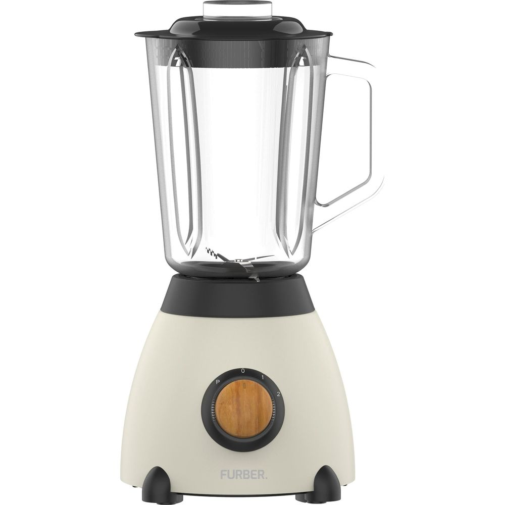 Un frullatore color crema con caraffa in vetro, coperchio nero e pannello.