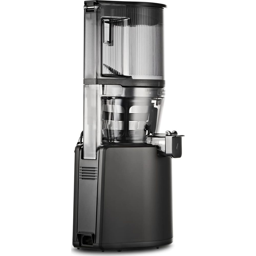 Un extracteur de jus noir avec un récipient transparent et des accents argentés.