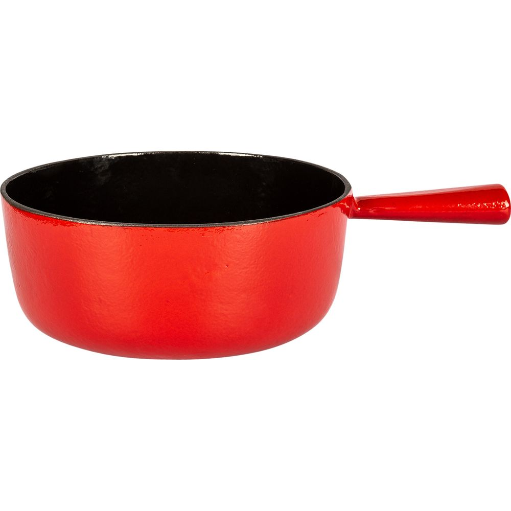 Eine rote Gusseisen-Kasserolle mit schwarzem Innenraum und einem Griff.