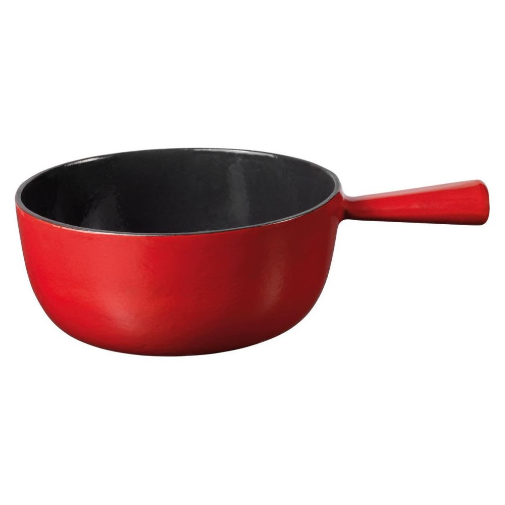 Rote Emaille-Schmorpfanne mit schwarzem Innenraum und Griff.