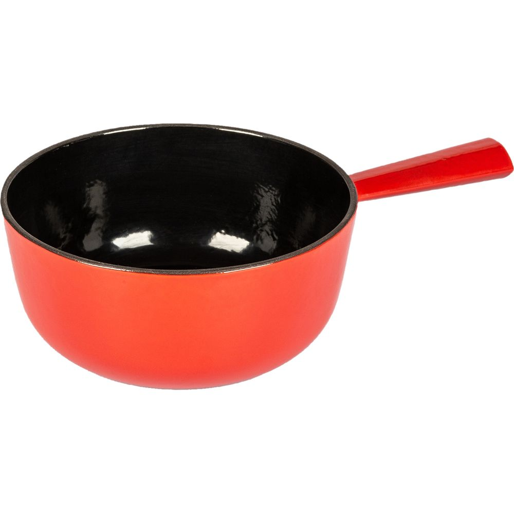 Ein roter Topf mit schwarzem Innenraum und einem Griff.