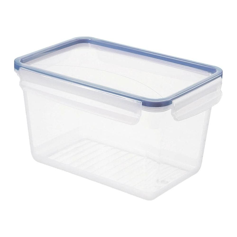 Un contenitore rettangolare trasparente in plastica con coperchio blu e chiusure.