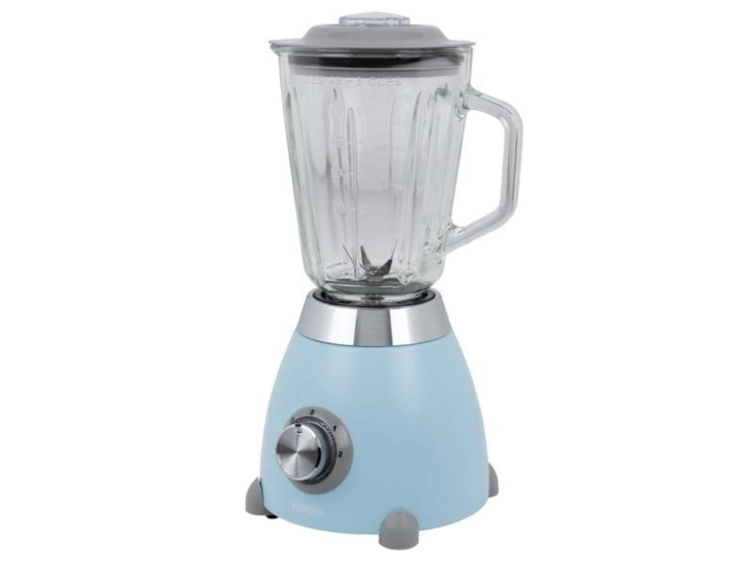 Un frullatore azzurro con boccale in vetro e manopola argento.
