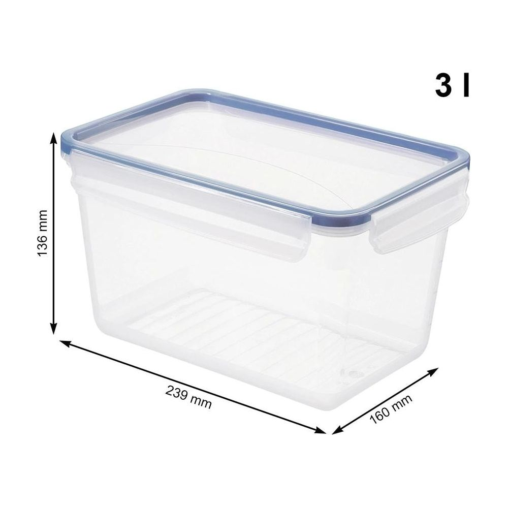 Contenitore trasparente con coperchio blu, capacità 3 litri, con misure.