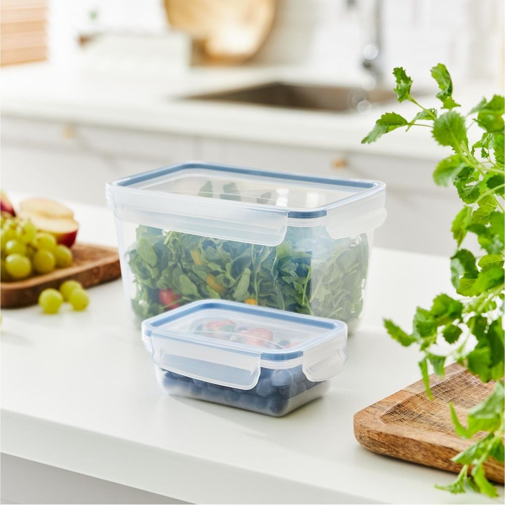 Due contenitori trasparenti con coperchi blu, uno pieno di insalata, l'altro di mirtilli.