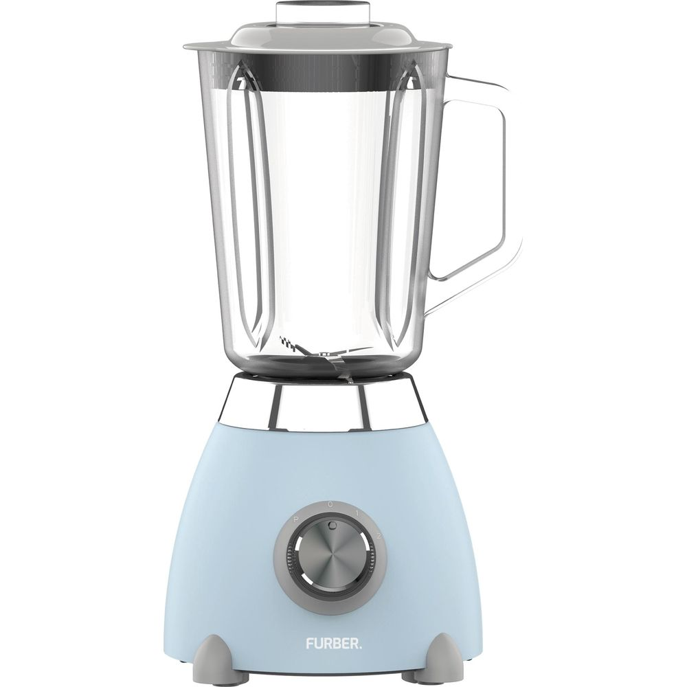 Un frullatore azzurro con boccale in vetro e coperchio argentato.