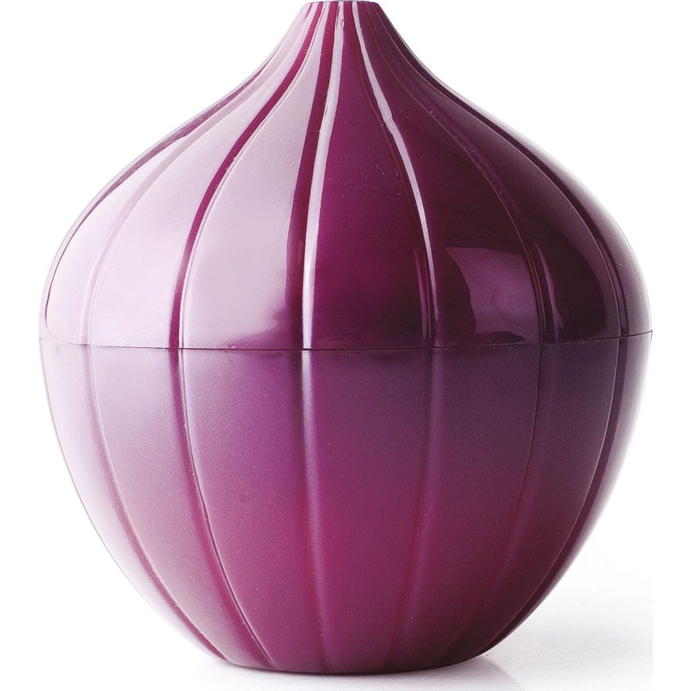 Un contenitore viola a forma di cipolla con nervature verticali, su sfondo bianco.