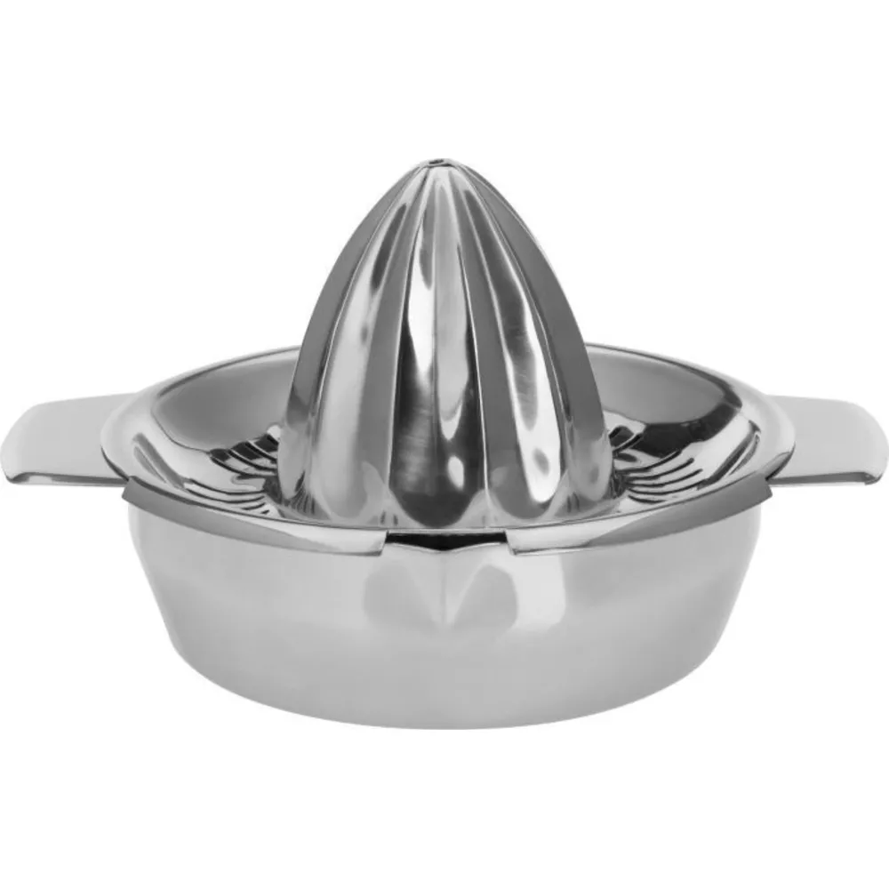 Ein glänzender Metall-Zitruspresse mit geripptem Kegel und Auffangschale.