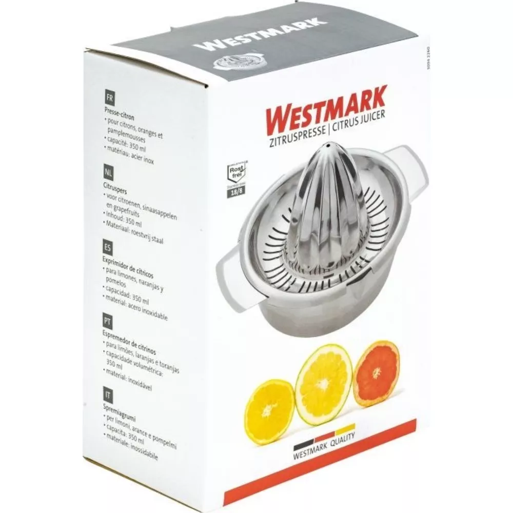 Westmark Zitruspresse aus Edelstahl mit drei Orangenscheiben auf der Verpackung.
