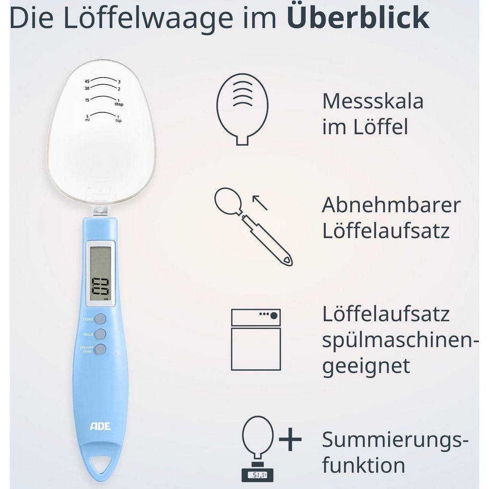 Balance cuillère bleu avec échelle, tête amovible, lavable au lave-vaisselle, écran LCD.