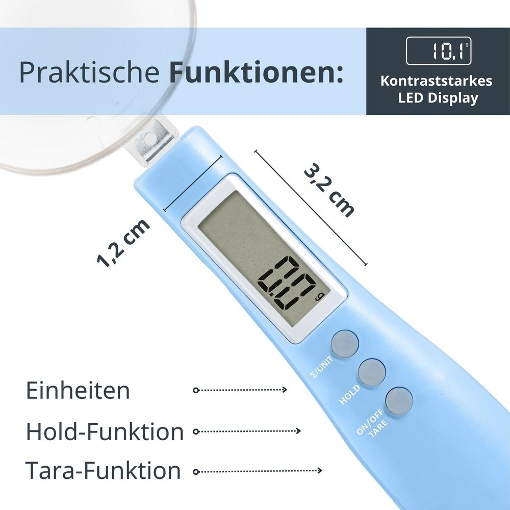 Une balance numérique bleue avec écran LCD affiche 0.0g. Les dimensions sont indiquées.