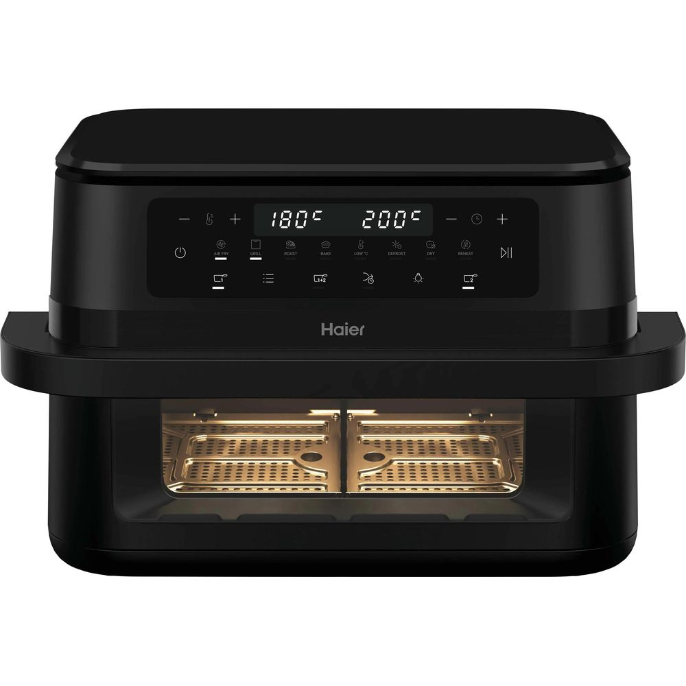 Schwarzer Haier Heißluftfritteusenofen mit digitalem Display und zwei goldenen Körben.