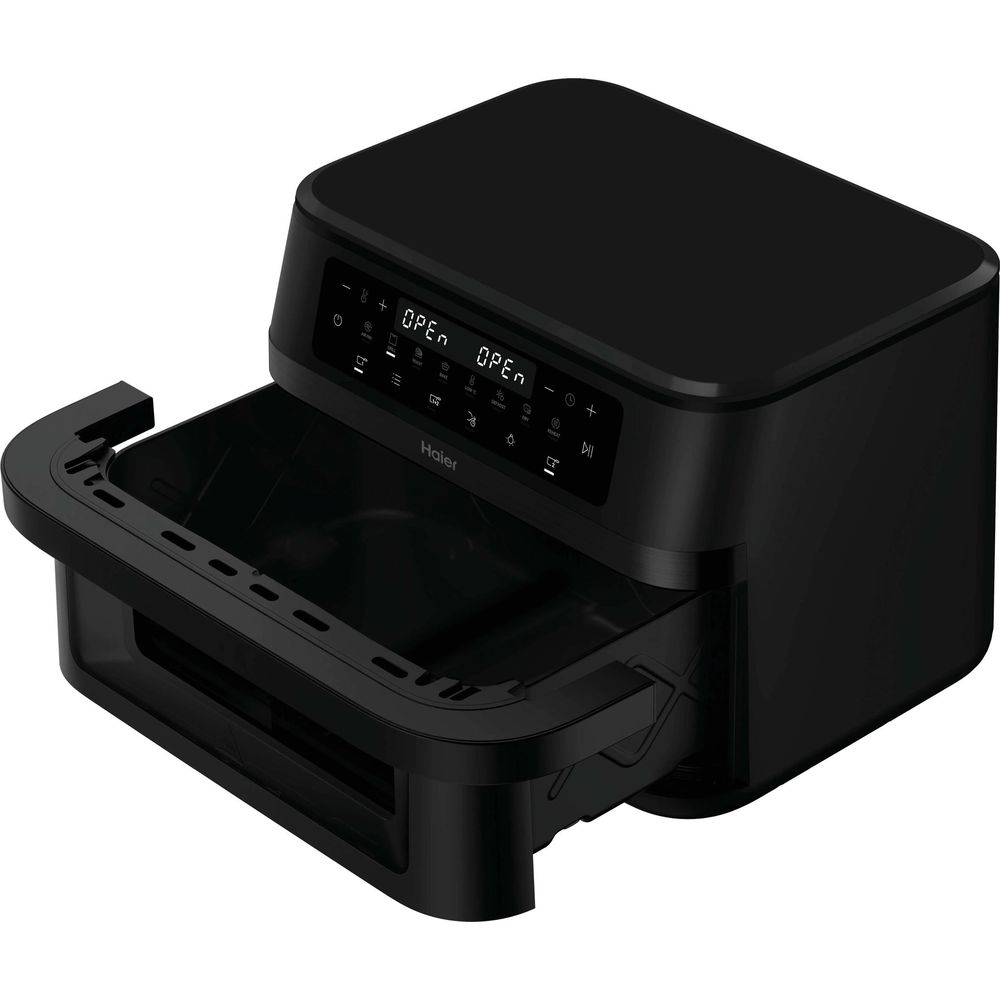 Schwarzer Haier Heißluftfritteuse mit herausgezogener Schublade und digitalem Display.