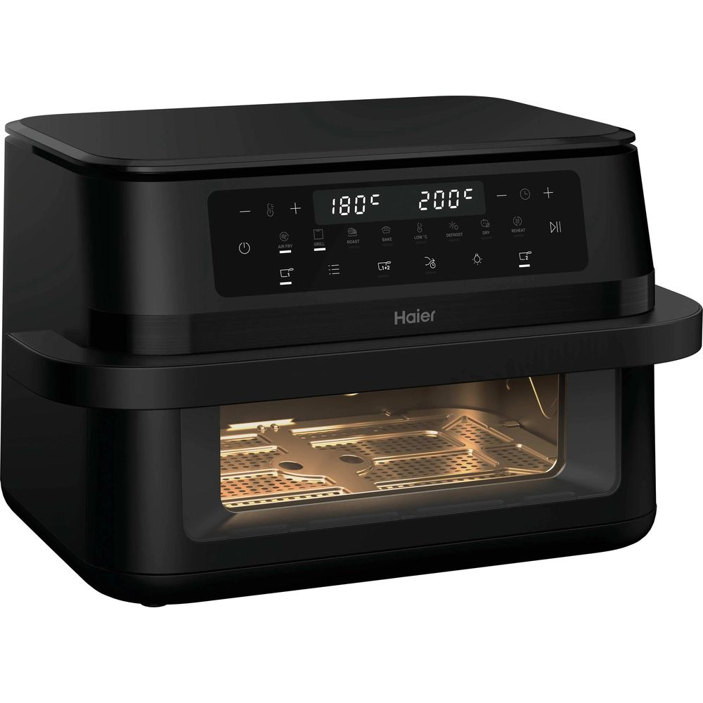 Ein schwarzer Haier Heißluftfritteusen-Ofen mit digitalem Display, das 180°C und 200°C anzeigt.