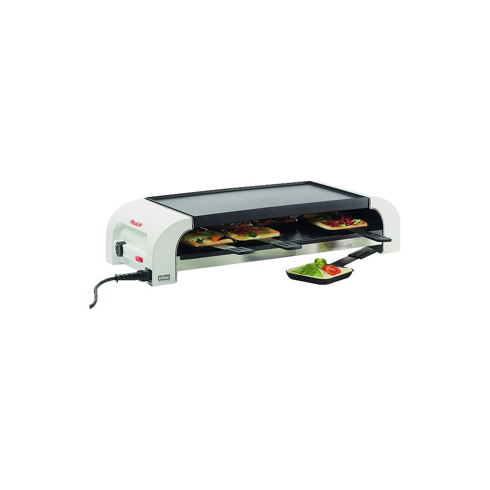 Un forno per pizza bianco con quattro pizze che cuociono sui vassoi.