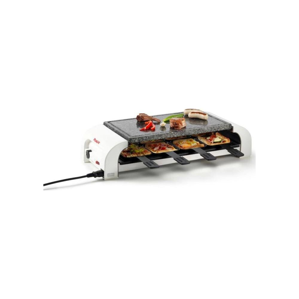 Una griglia per raclette con piastra in pietra e quattro padelle, con piccole pizze e carne.
