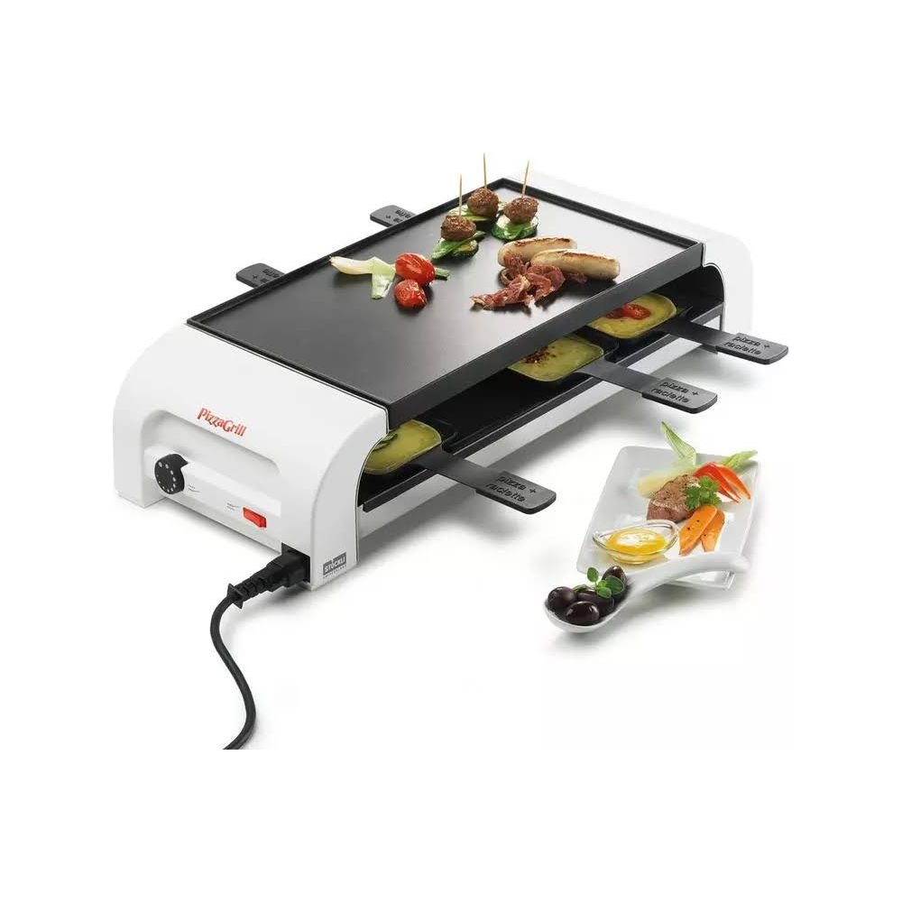Una PizzaGrill bianca con cibo sulla piastra e padelle per raclette.