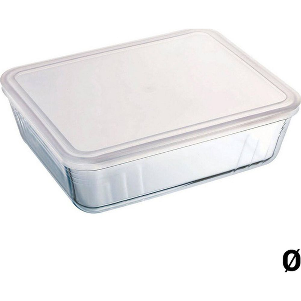 Contenitore rettangolare in vetro con coperchio trasparente su sfondo bianco.
