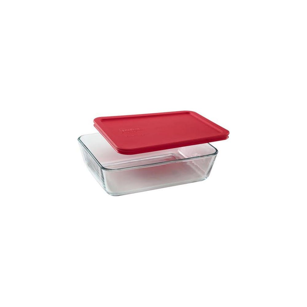 Un contenitore rettangolare di vetro con coperchio rosso, leggermente socchiuso.