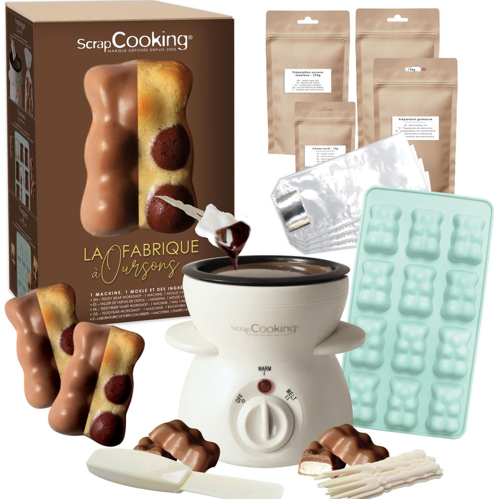 Schokoladenfondue-Set mit Bärenform, Zutaten und Werkzeugen.