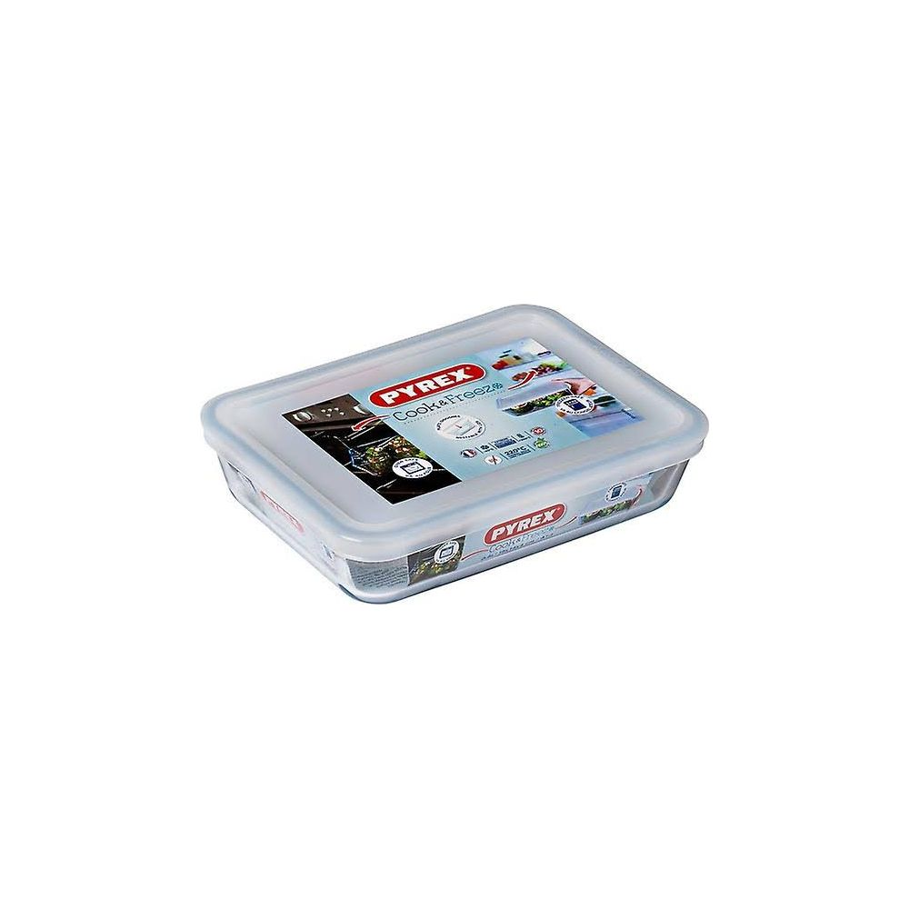 Un contenitore rettangolare in vetro Pyrex con coperchio bianco ed etichetta.